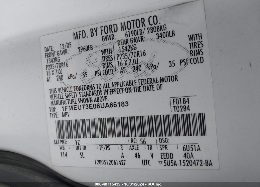 2006 FORD EXPLORER XLT VIN: 1FMEU73E06UA66183
