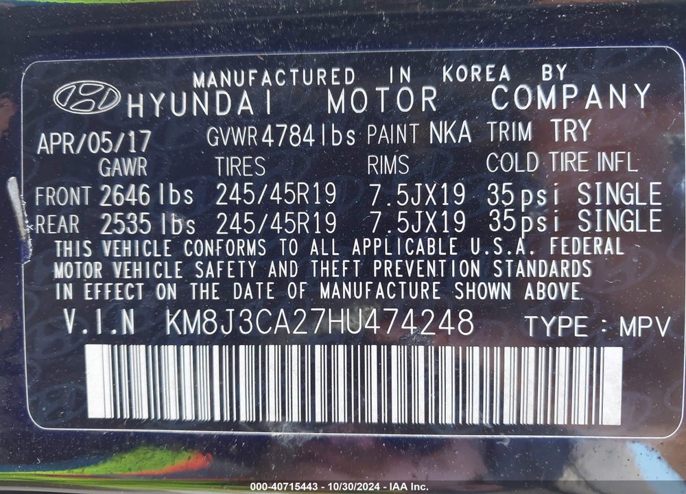 2017 HYUNDAI TUCSON SPORT VIN: KM8J3CA27HU474248