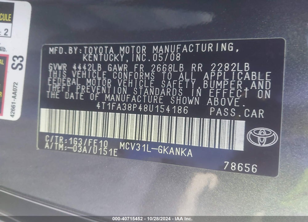 2008 TOYOTA CAMRY SOLARA VIN: 4T1FA38P48U154186