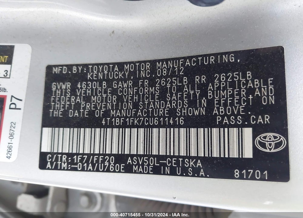 2012 TOYOTA CAMRY SE VIN: 4T1BF1FK7CU611416