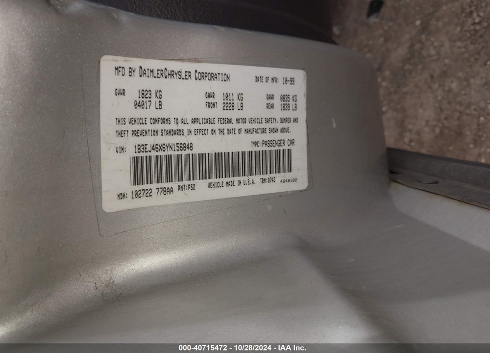 2000 DODGE STRATUS SE VIN: 1B3EJ46X6YN156848