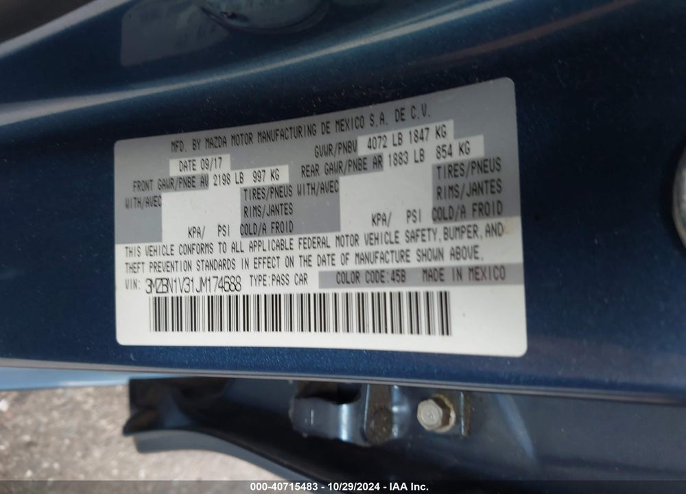 2018 MAZDA 3 VIN: 3MZBN1V31JM174688