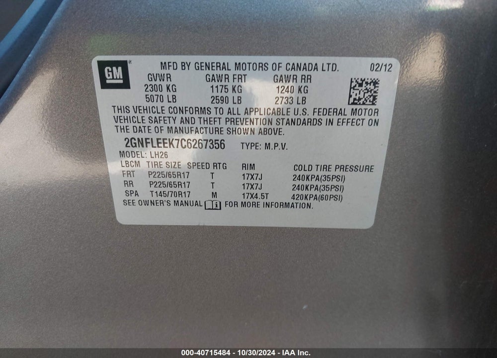 2012 CHEVROLET EQUINOX 1LT VIN: 2GNFLEEK7C6267356