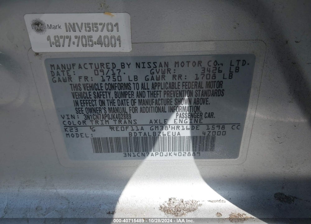2018 NISSAN VERSA 1.6 SV VIN: 3N1CN7AP0JK402889