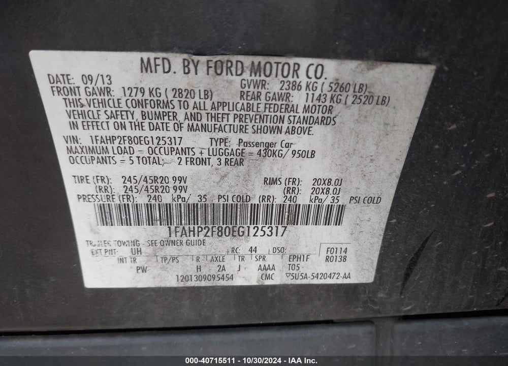 2014 FORD TAURUS LIMITED VIN: 1FAHP2F80EG125317