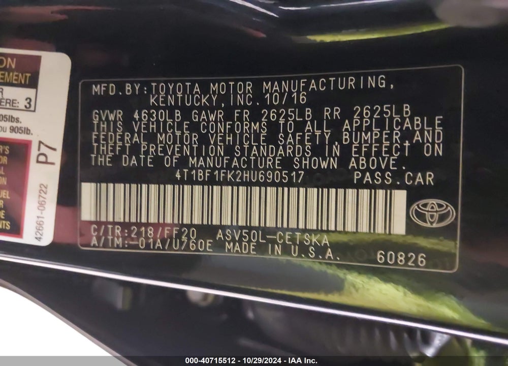 2017 TOYOTA CAMRY SE VIN: 4T1BF1FK2HU690517
