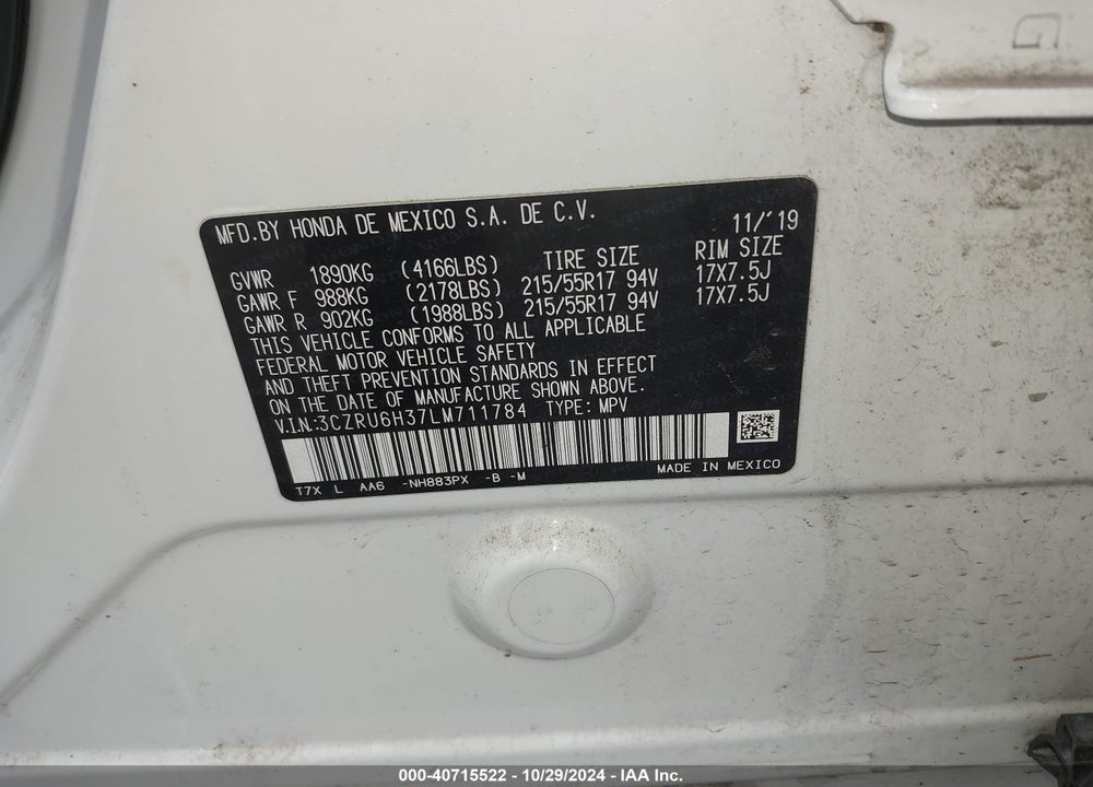 2020 HONDA HR-V AWD LX VIN: 3CZRU6H37LM711784