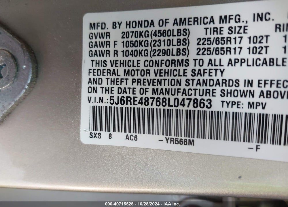 2008 HONDA CR-V EX-L VIN: 5J6RE48768L047863