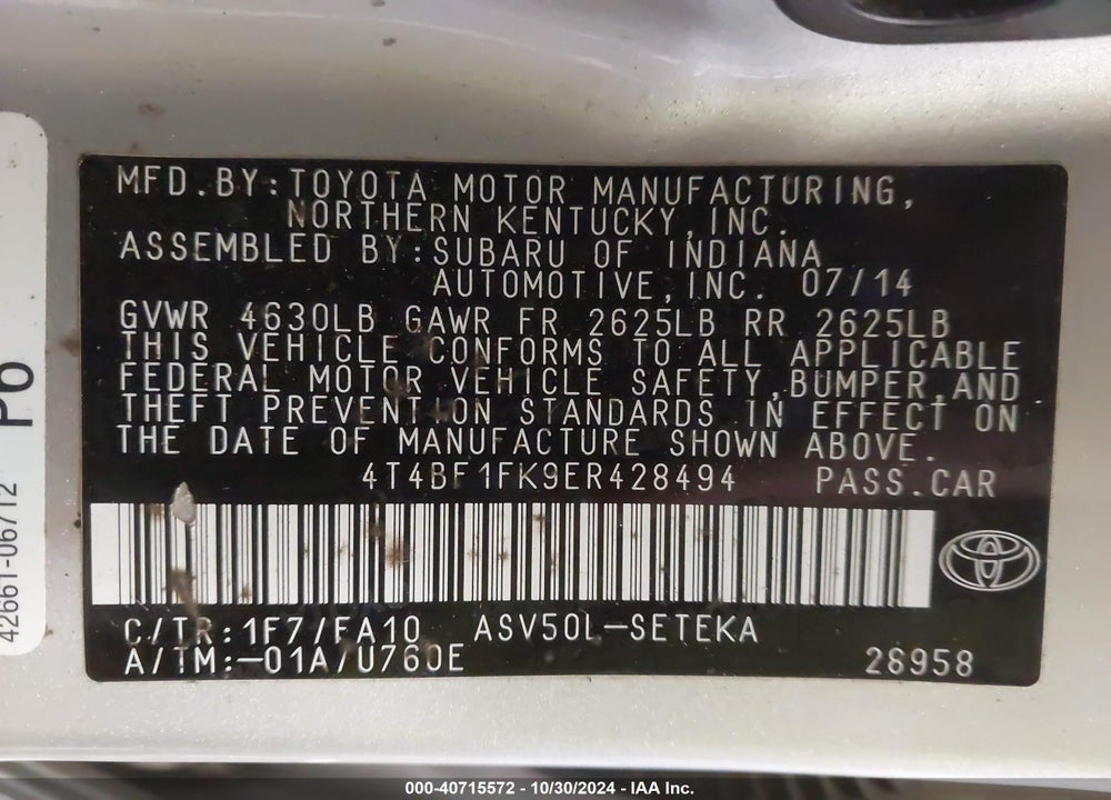 2014 TOYOTA CAMRY L VIN: 4T4BF1FK9ER428494