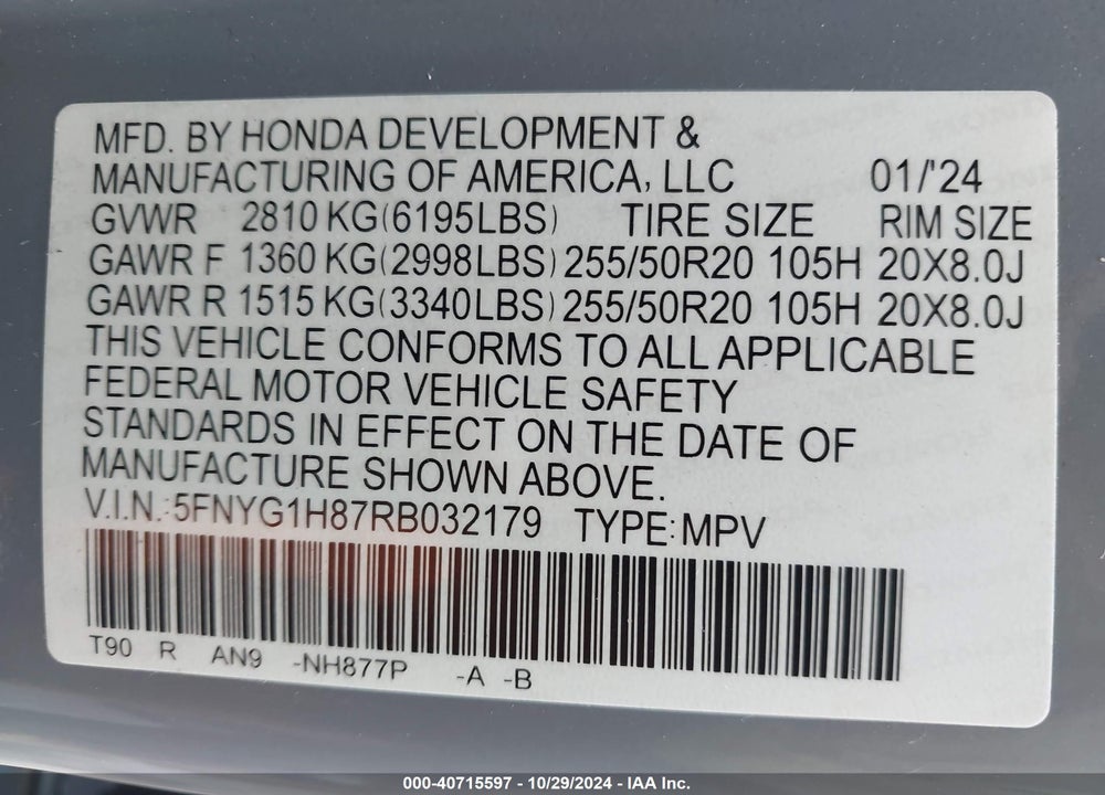 2024 HONDA PILOT ELITE VIN: 5FNYG1H87RB032179