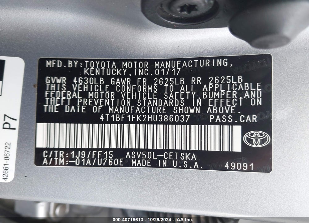 2017 TOYOTA CAMRY SE VIN: 4T1BF1FK2HU386037