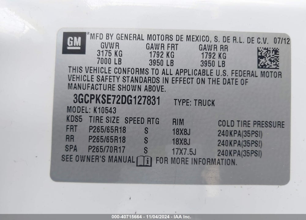 2013 CHEVROLET SILVERADO 1500 LT VIN: 3GCPKSE72DG127831