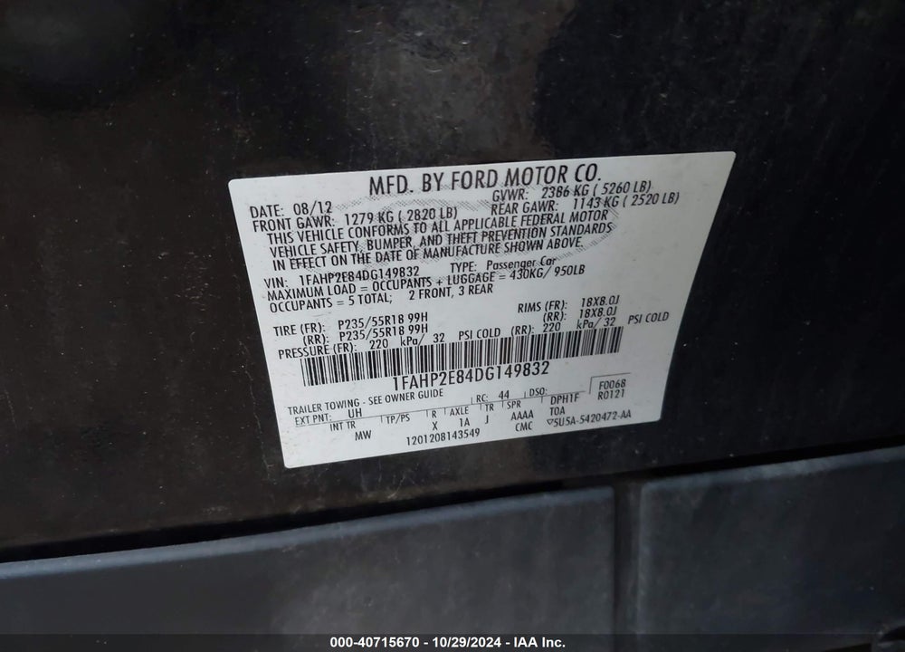 2013 FORD TAURUS SEL VIN: 1FAHP2E84DG149832