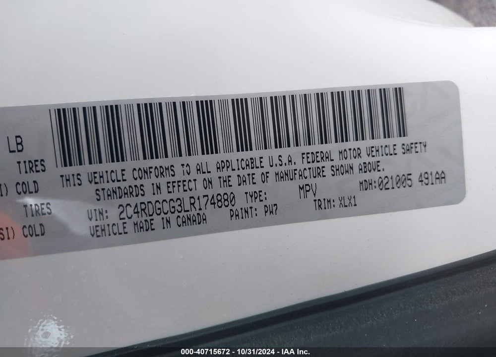 2020 DODGE GRAND CARAVAN SXT VIN: 2C4RDGCG3LR174880