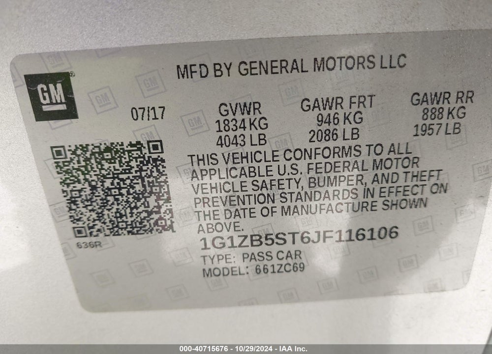 2018 CHEVROLET MALIBU 1LS VIN: 1G1ZB5ST6JF116106