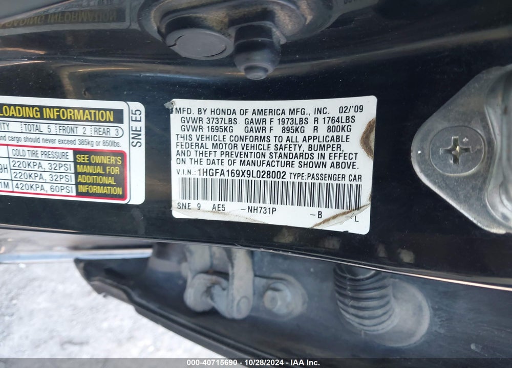 2009 HONDA CIVIC EX-L VIN: 1HGFA169X9L028002