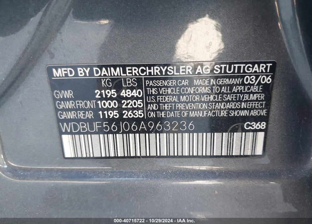2006 MERCEDES-BENZ E 350 VIN: WDBUF56J06A963236