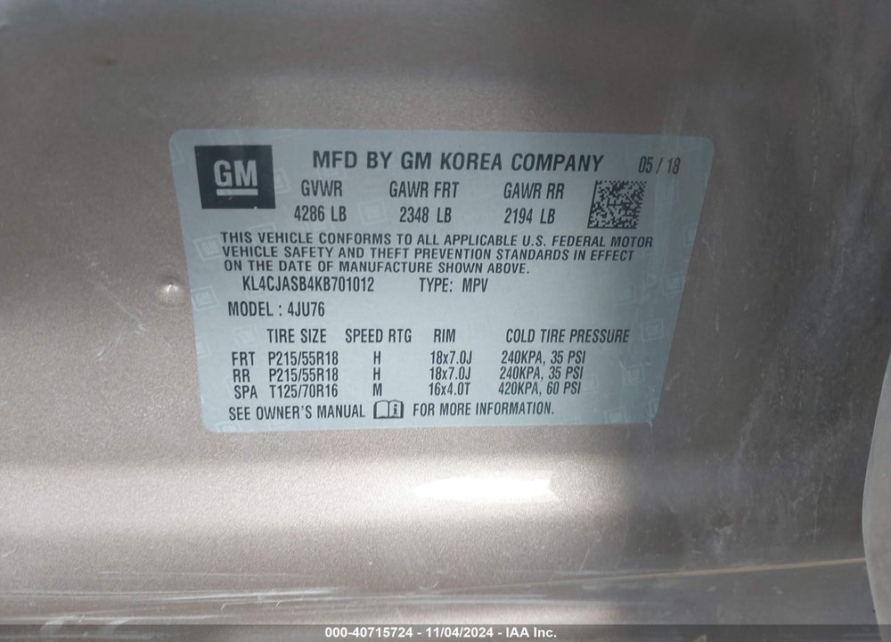 2019 BUICK ENCORE FWD PREFERRED VIN: KL4CJASB4KB701012