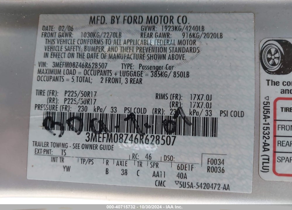 2006 MERCURY MILAN I4 PREMIER VIN: 3MEFM08Z46R628507