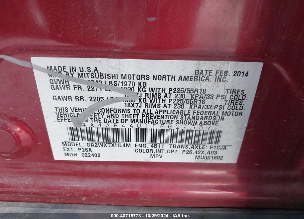 2014 MITSUBISHI OUTLANDER SPORT SE VIN: 4A4AP4AU1EE024657