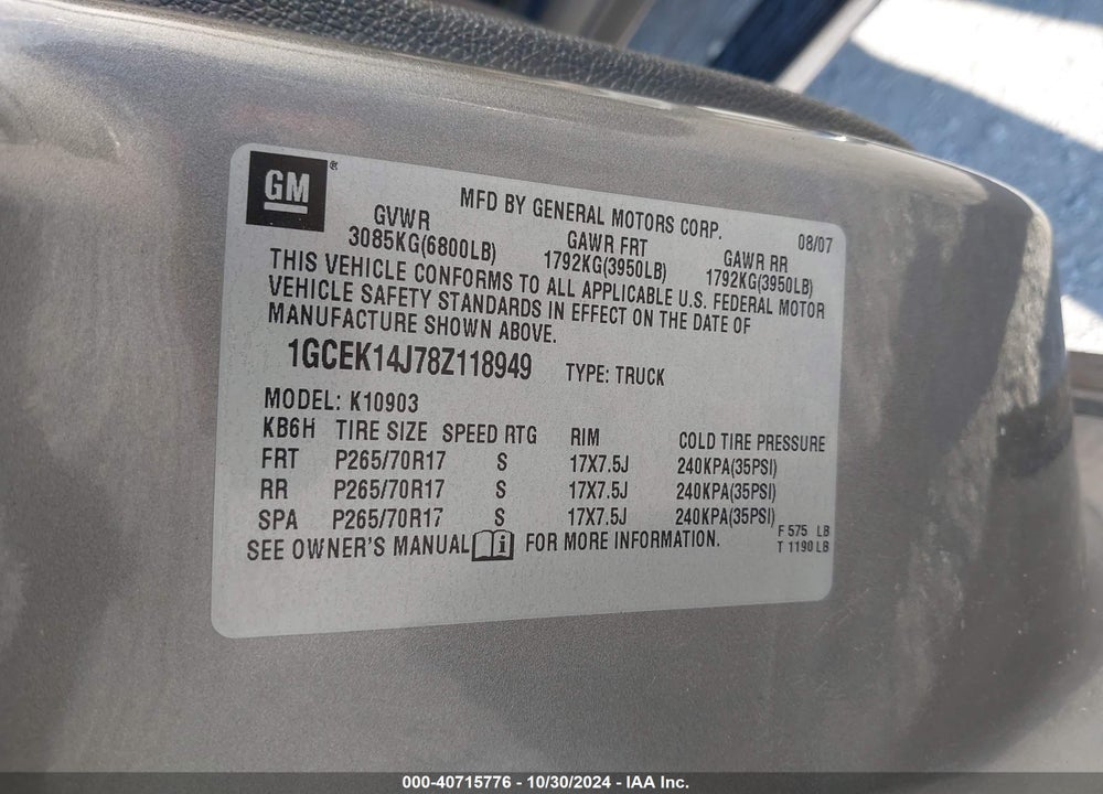 2008 CHEVROLET SILVERADO 1500 LT1 VIN: 1GCEK14J78Z118949