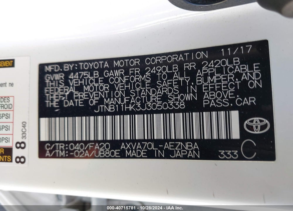 2018 TOYOTA CAMRY LE VIN: JTNB11HK3J3050338
