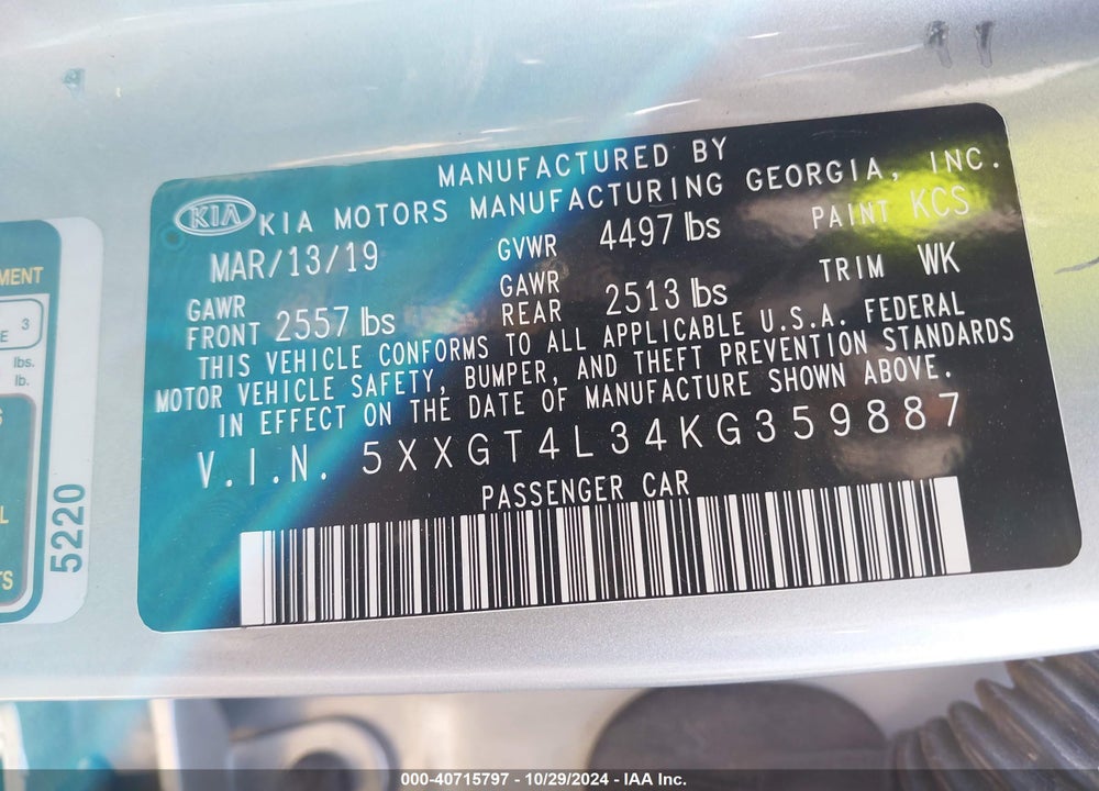 2019 KIA OPTIMA LX VIN: 5XXGT4L34KG359887