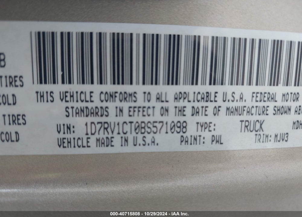 2011 RAM 1500 SLT VIN: 1D7RV1CT0BS571098