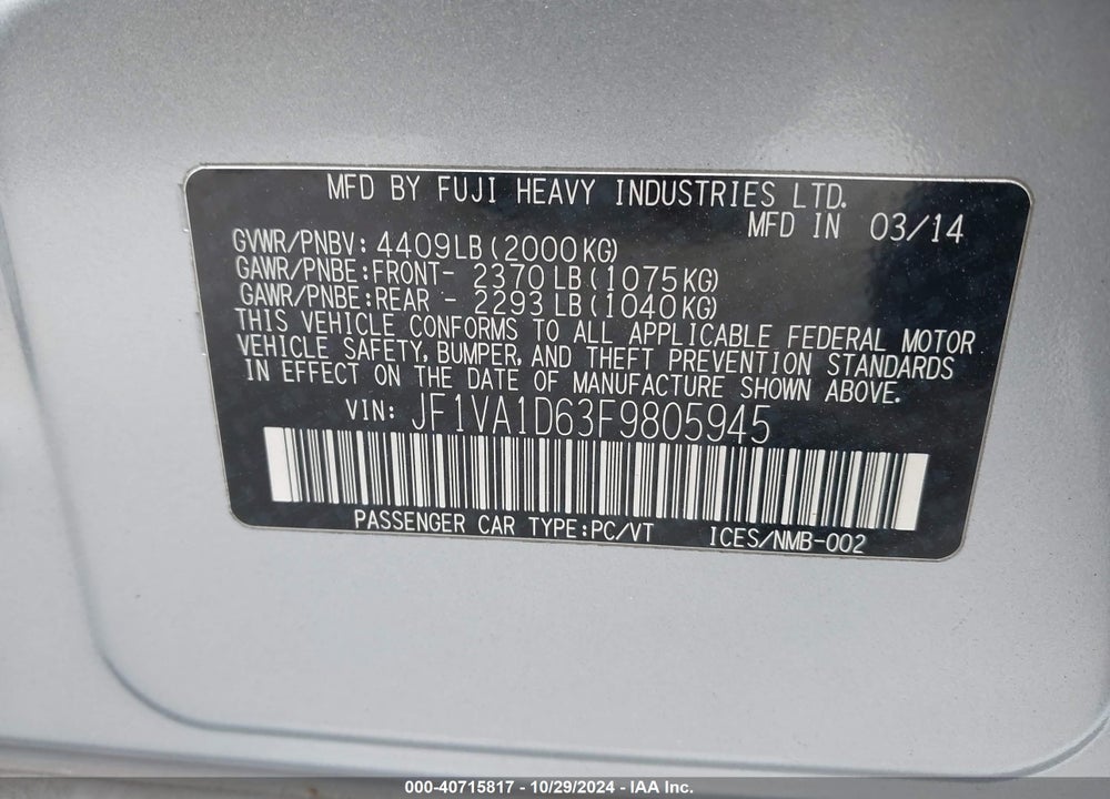 2015 SUBARU WRX PREMIUM VIN: JF1VA1D63F9805945