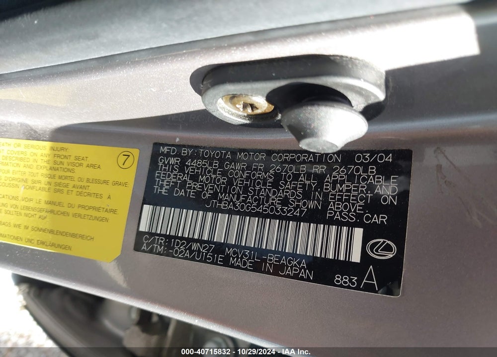 2004 LEXUS ES 330 VIN: JTHBA30G545033247