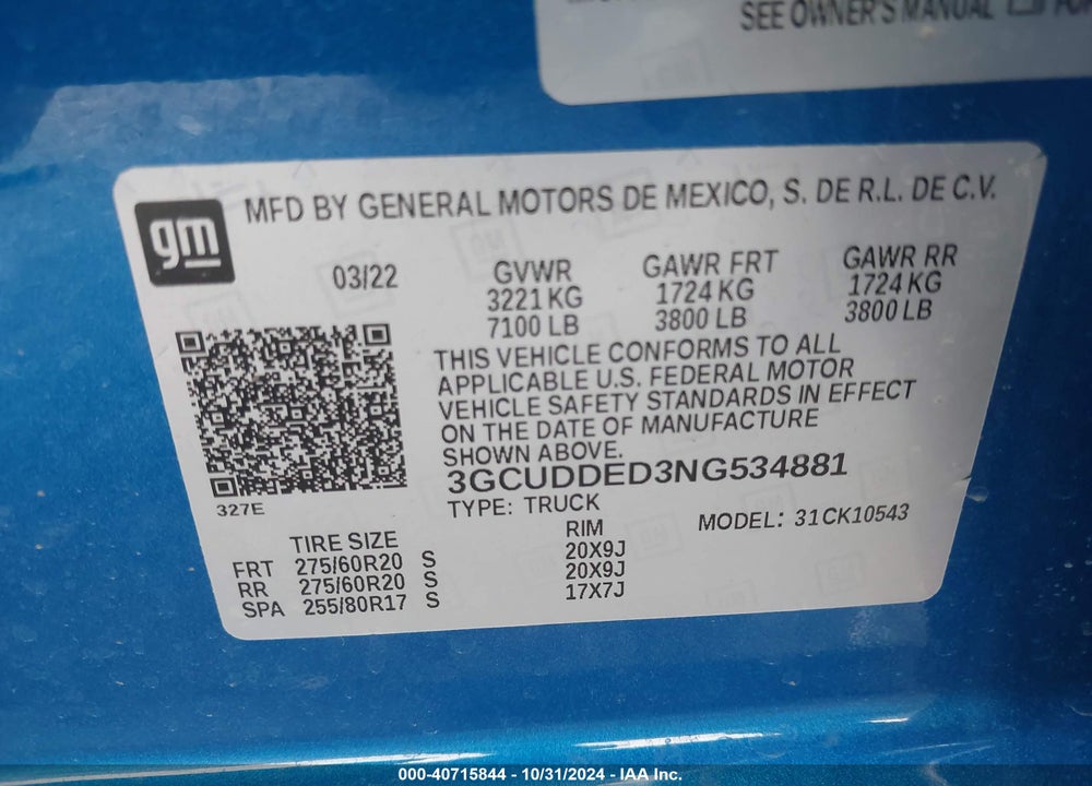 2022 CHEVROLET SILVERADO 1500 4WD STANDARD BED LT VIN: 3GCUDDED3NG534881