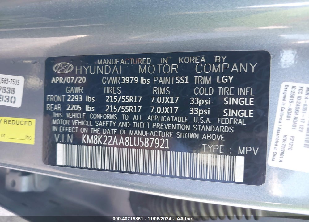 2020 HYUNDAI KONA SEL VIN: KM8K22AA8LU587921
