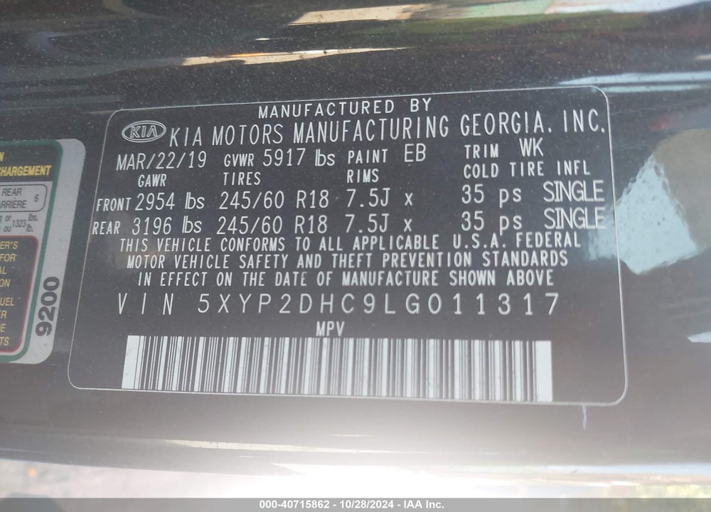 2020 KIA TELLURIDE LX VIN: 5XYP2DHC9LG011317