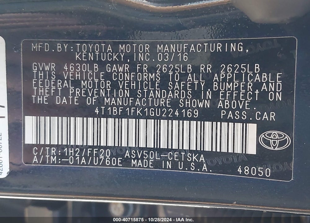 2016 TOYOTA CAMRY SE VIN: 4T1BF1FK1GU224169