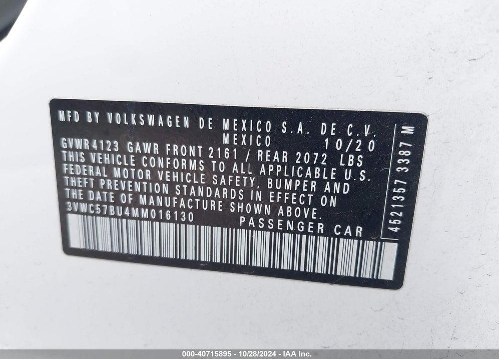 2021 VOLKSWAGEN JETTA 1.4T R-LINE/1.4T S/1.4T SE VIN: 3VWC57BU4MM016130