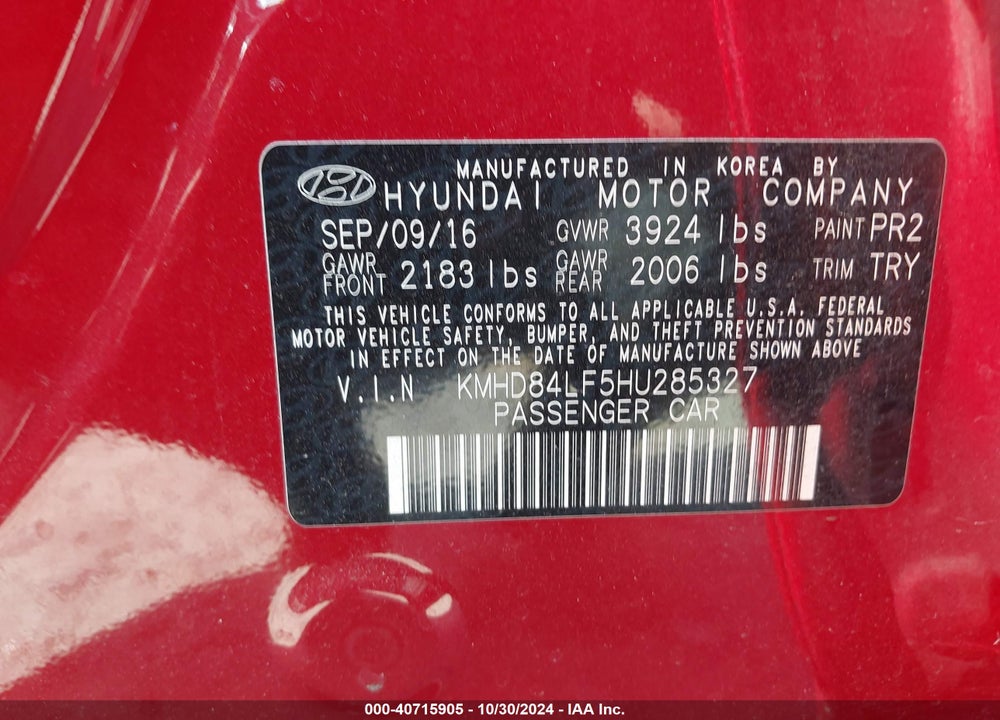 2017 HYUNDAI ELANTRA LIMITED VIN: KMHD84LF5HU285327