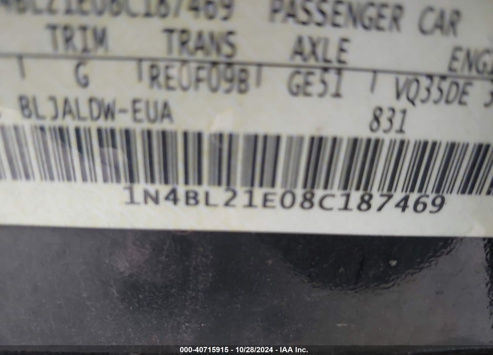 2008 NISSAN ALTIMA 3.5 SE VIN: 1N4BL21E08C187469