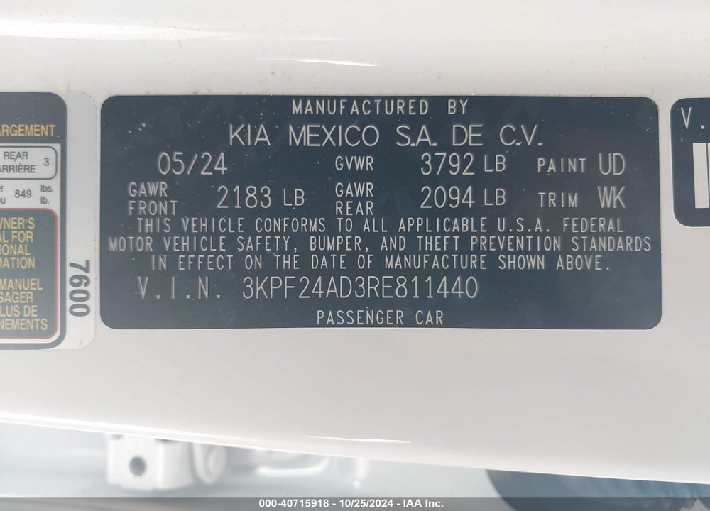 2024 KIA FORTE LX VIN: 3KPF24AD3RE811440