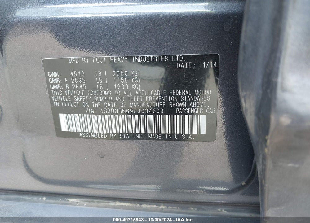 2015 SUBARU LEGACY 2.5I LIMITED VIN: 4S3BNBN69F3034609