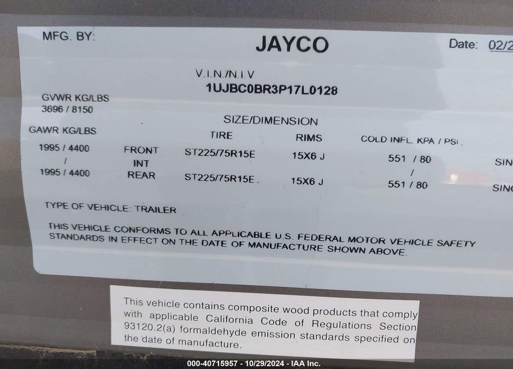 2023 JAYCO JAYFL184BH VIN: 1UJBC0BR3P17L0128