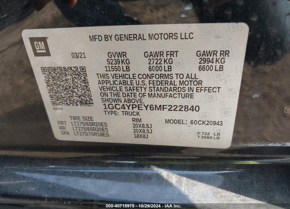 2021 CHEVROLET SILVERADO 2500HD LTZ VIN: 1GC4YPEY6MF222840