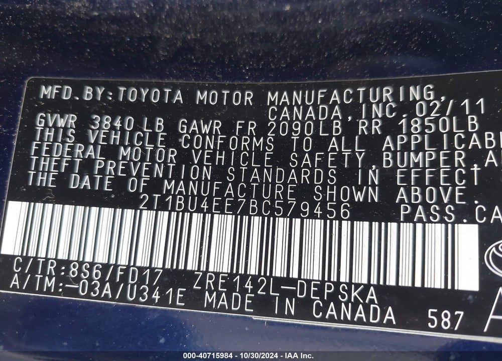 2011 TOYOTA COROLLA S VIN: 2T1BU4EE7BC579456