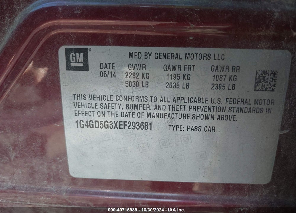 2014 BUICK LACROSSE PREMIUM I GROUP VIN: 1G4GD5G3XEF293681
