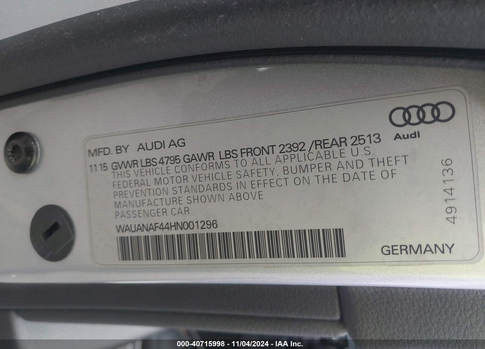 2017 AUDI A4 2.0T PREMIUM VIN: WAUANAF44HN001296