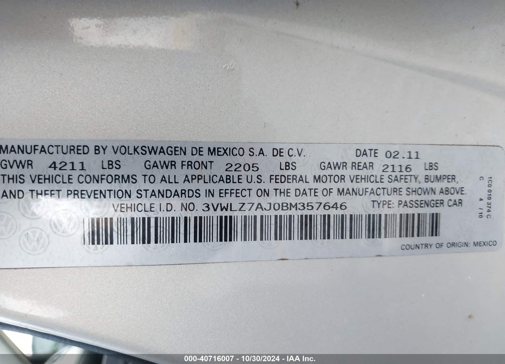 2011 VOLKSWAGEN JETTA 2.5L SEL VIN: 3VWLZ7AJ0BM357646