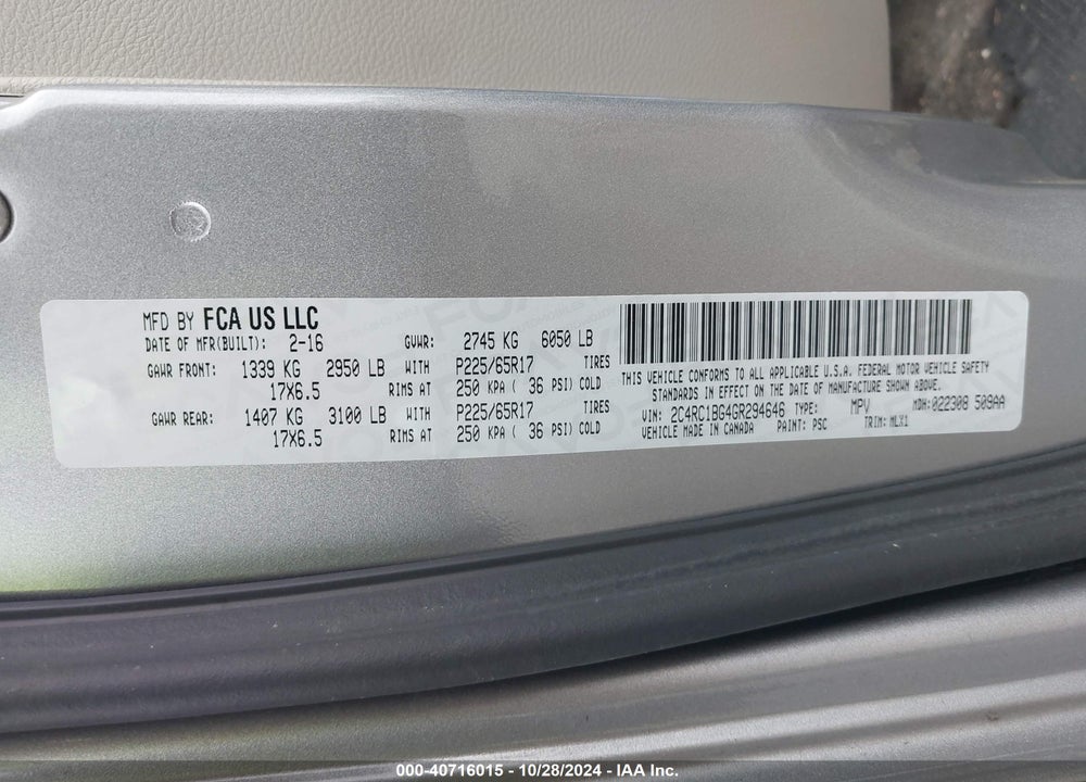 2016 CHRYSLER TOWN & COUNTRY TOURING VIN: 2C4RC1BG4GR294646
