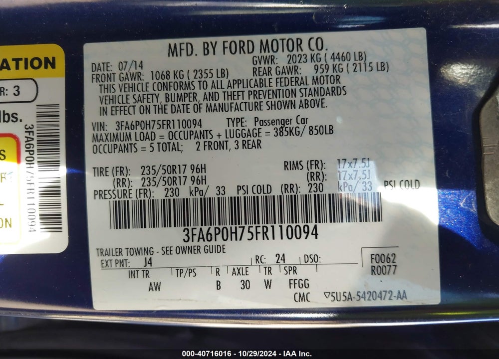 2015 FORD FUSION SE VIN: 3FA6P0H75FR110094