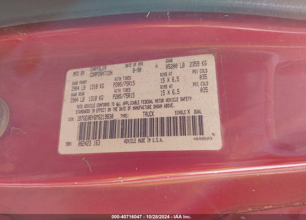 1991 DODGE D-SERIES D150S VIN: 1B7GE06Y6MS219830