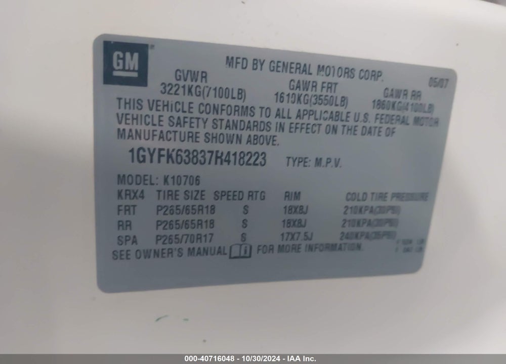 2007 CADILLAC ESCALADE STANDARD VIN: 1GYFK63837R418223
