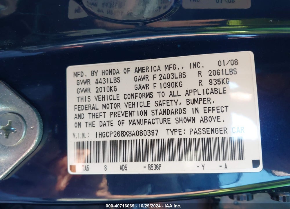 2008 HONDA ACCORD 2.4 EX-L VIN: 1HGCP268X8A080397